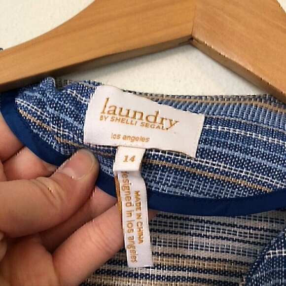 LAUNDRY BY SHELLI SEGAL Blue White Tan Striped Tweed Open Front Blazer Jacket 14 - Picture 6 of 11